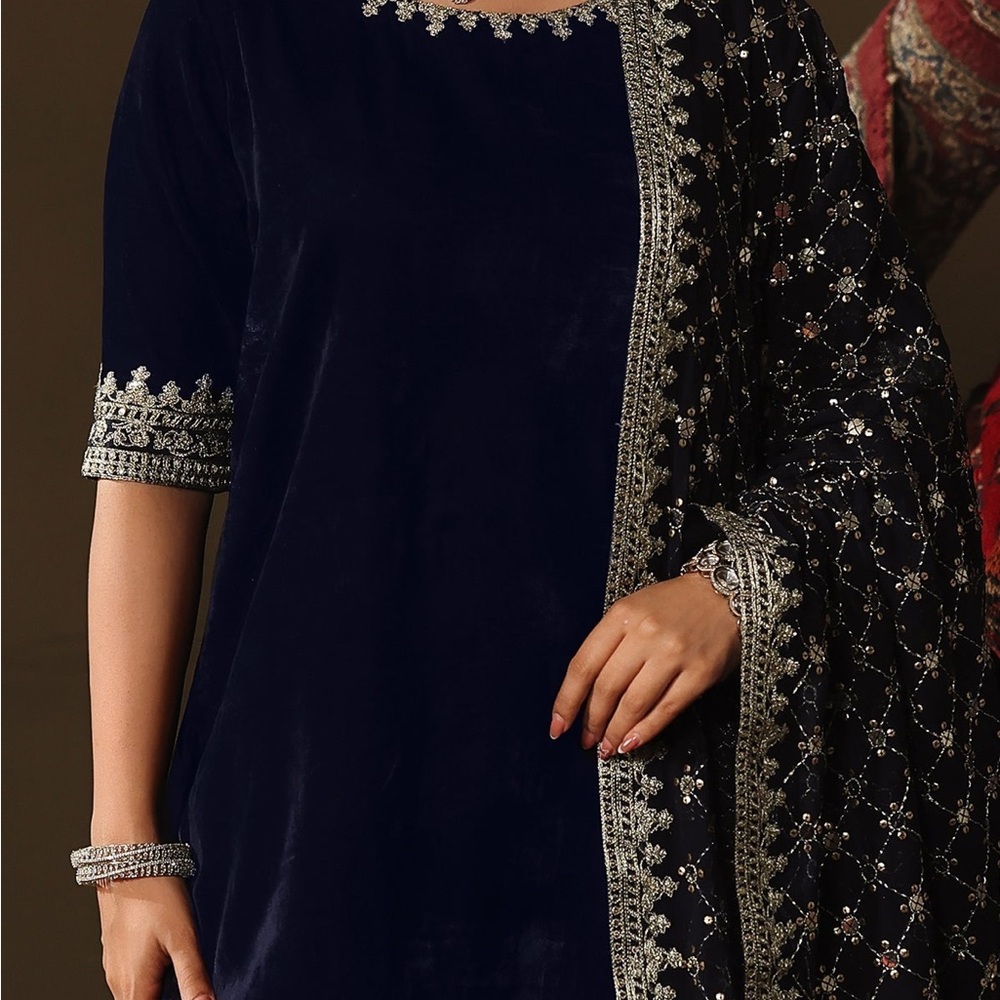 Elegant Navy Blue and Silver Embroidered Dress